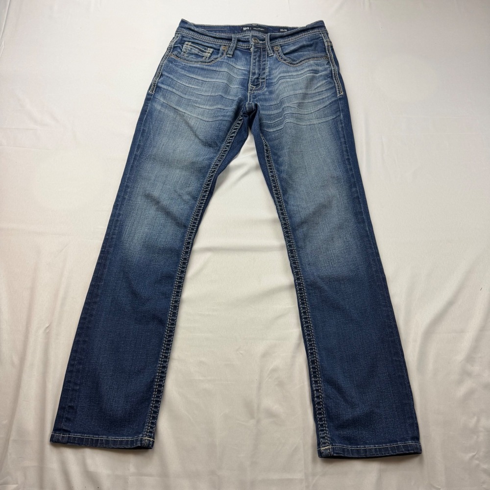 BKE Jake Straight Jeans Mens 29x30 Blue Whiskered Faded Stretch Denim ABP16556